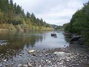 A wide placid river flows through the woods.