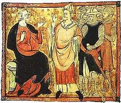 Manuscript illustration. The central man is wearing robes and a mitre and is facing the seated figure on the left. The seated man is wearing a crown and robes and is gesturing at the mitred man. Behind the mitred figure are a number of standing men wearing armor and carrying weapons.