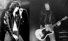 Black and white photos of a man singing into a microphone and a man playing electric guitar