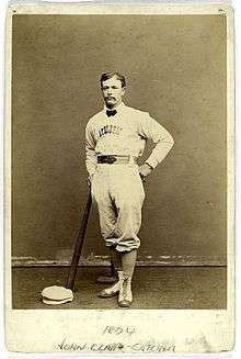 A baseball player is shown standing in his uniform, leaning on the end of a baseball bat.