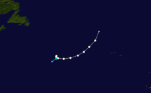 The path of a category 1 hurricane, it starts as a subtropical storm, later becomes a hurricane, curves around and ultimately became extratropical