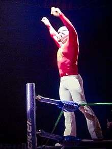 La Máscara, posing on the turnbuckles before a wrestling match.