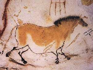 Lascaux cave paintings: a horse from Dordogne facing right brown on white background