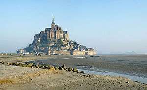 Mont Saint-Michel a hill monastery in a wetland, with the tide out