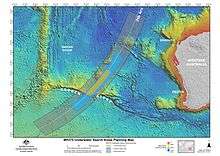 Bathymetric map of the southern Indian Ocean west of Australia, overlaid with the 7th BTO arc and high, medium, and low priority search areas.