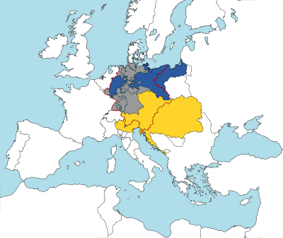 map of Europe, showing territory of predominantly German-speaking population, and Austria's multi-national, multi-linguistic territory