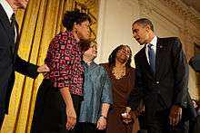 President Obama with Louvon Harris, Betty Byrd Boatner, and Judy Shepard