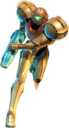 A person in a big, futuristic-looking powered suit with a helmet. The right arm is a large firearm. The shoulders are particularly large, bulky, and rounded.