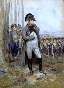 painting of Napoleon in 1806 standing with hand in vest attended by staff and Imperial guard regiment