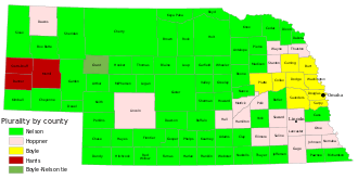 Boyle: cluster of 9 counties in east.  Harris: 3 counties in western Panhandle.  Hoppner: 17 counties, mostly in east.  Nelson: throughout state, though few in east.  Nelson and Boyle tied in Grant County.