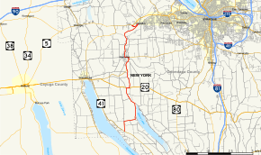 NY 174 follows a north–south alignment through western Onondaga County, southwest of Syracuse. It has a short overlap with US 20 south of Marcellus.