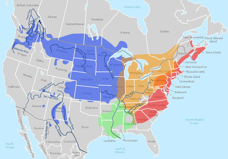 Map of North America showing the subspecies' specific ranges in different colors