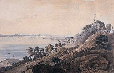 Aquatint of Mount Erskine and Pulau Tikus bay in 1818