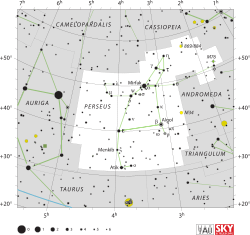 Diagram showing star positions and boundaries of the Perseus constellation and its surroundings