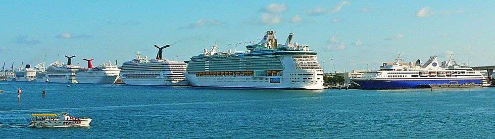 The Port of Miami is the world's busiest cruise ship port, and is headquarters to many of the world's largest cruise companies. From left to right: Hapag-Lloyd Europa, Norwegian Sky, Oceania Nautica, Carnival Valor, Carnival Imagination, Carnival Liberty, Royal Caribbean Liberty of the Seas, MV Explorer