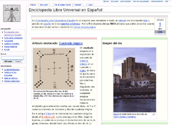 A screenshot of Enciclopedia Libre includes a panel to navigate users around the site, a welcome message, and a picture of a featured article
