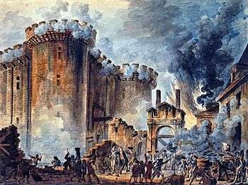 drawing of the Storming of the Bastille on 14 July 1789, smoke of gunfire enveloping stone castle
