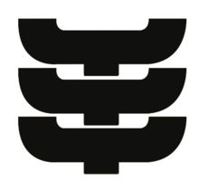Logo consisting of three identical stacked elements. Each element has the shape of a sideways-turned letter "C" with an extra leg at the bottom centre.