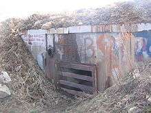 Wall with a metal grate rising out of the ground. The wall is covered with graffiti.