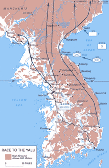 A map showing a peninsula with US forces moving from the south to the north