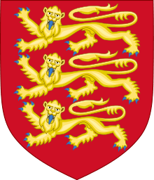 A red shield tapers to its bottom end; on it are three stylised golden lions with blue claws.