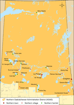 Map of northern municipalities by type in Saskatchewan as of 2013