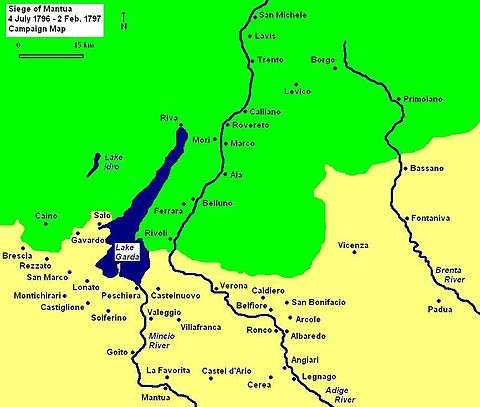 Map shows towns in northern Italy that were important during the Siege of Mantua in 1796 and 1797.