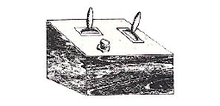 artist's rendering of a bakelite woodgrain pattern box with three switches