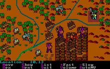 A battle, represented in digital format, takes place at a river intersection next to a small fortified city.  Trees, hills, brushes dot the area.  Simple colorful icons, representing monsters and soldiers, are arrayed among the terrain.  In certain locations, several icons are stacked as a pile.  A menu, displaying a list of commands, lies at the bottom of this image.