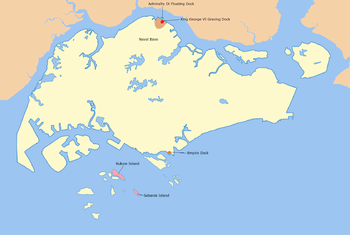 A map of Singapore island, nearby islands and the south coast of Johor in Malaysia marked to show the locations of the USAAF raids described in the article.