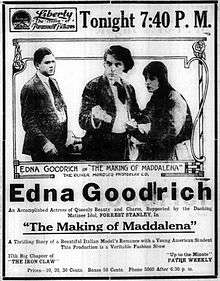 Advertisement with a photo of two men and a woman on the top