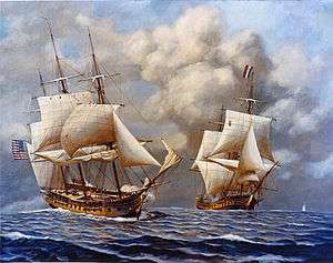Painting of a U.S. sailing ship firing at a French one