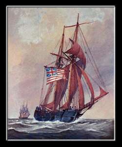 A two-masted wooden sailing ship is shown in full sail on the sea. It is flying the flag of the United Colonies: thirteen red and white stripes, with a British Union Jack in the upper left quadrant. Another ship is visible in the distance.