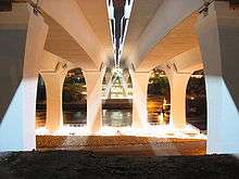 A view of the new bridge from directly underneath it, looking across the river