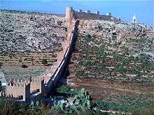 A line of square towers, connected by walls and topped with battlements (protective protrusions), spans the bottom to the top of a mountain slope.