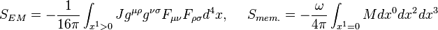  S_{EM}=-\frac{1}{16\pi}\int_{x^1>0} J g^{\mu\rho}g^{\nu\sigma}F_{\mu\nu}F_{\rho\sigma}d^4x, \ \ \ \ S_{mem.}= - \frac{\omega}{4\pi}\int_{x^1=0} M dx^0dx^2dx^3 