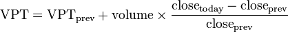 \text{VPT} = \text{VPT}_\text{prev} + \text{volume} \times { \text{close}_\text{today} - \text{close}_\text{prev} \over \text{close}_\text{prev} }