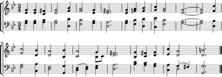 
\new ChoirStaff <<
\new Staff { 
  \time 3/4
  \key g \minor
  \relative c'' {
  <g d> <g d> <fis c> |
  <g d>2 <bes f>4 |
  <a f>2 <g d>4 | <fis d>2. |
  <g d>4 <a f!> <bes f> |
  <c g> <a f>2 <g d>2. ~ <g d>2 <d' f,>4 |
  <c f,>2 <bes d,>4 |
  <a d,>2 <bes bes,>4 |
  <a c,>2
  << { \voiceOne g4 }
  \new Voice { \voiceTwo bes,8 c } >>
  \oneVoice <fis d>2. |
  <g bes,>4 <fis c> <g d> |
  <c ees,> <a d,>2 | <b d,>2. \bar "|."
  }
 }
\new Staff { 
  \time 3/4
  \key g \minor
  \clef bass
  <bes g>4 <bes g> <c' a> |
  <bes g>2 <d' d>4 |
  <c' f>2 <bes g>4 |
  <a d>2. | <bes g>4 <c' f> <d' d> |
  <ees' c> <c' f>2 | <bes g>2. ~ <bes g>2 <bes d>4 |
  <a f>2 <bes bes,>4 | <f d>2 <g g,>4 |
  <ees c>( <f d>) <g ees> | <a d>2. |
  <d' bes>4 <c' a> <bes g> | <a c>
  << { \voiceOne g( fis) }
  \new Voice { \voiceTwo d2 } >>
  \oneVoice <g g,>2. \bar "|."
  }
>>
