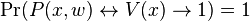 \Pr(P(x,w)\leftrightarrow V(x) \rightarrow 1) =1