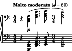  { \new PianoStaff << \new Staff \relative c' { \clef bass \numericTimeSignature \time 4/4 \tempo "Molto moderato" 4 = 80 r <g d b>\p( <d' a f>4. <e b g>8 | \time 3/4 <d a f>2) } \new Staff \relative c { \clef bass \numericTimeSignature \time 4/4 r4 <g d g,> <d' a f d>4. <e b g e>8 | \time 3/4 <d a f d>2 } >> } 