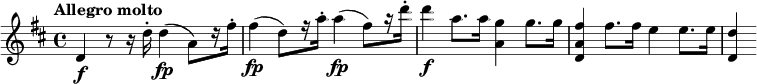 
\relative c' {
  \key d \major
  \tempo "Allegro molto"
  d\f r8 r16 d'16-. d4\fp (a8) [r16 fis'-.] fis4\fp (d8) [r16 a'-.] a4\fp (fis8) [r16 d'-.] d4\f a8. a16 <g a,>4 g8. g16 <fis a, d,>4 fis8. fis16 e4 e8. e16 <d d,>4
}
