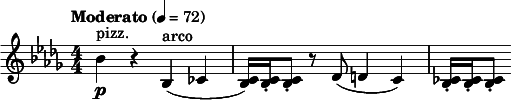  \relative c'' { \clef treble \numericTimeSignature \time 4/4 \key bes \minor \tempo "Moderato" 4 = 72 bes4\p^"pizz." r bes,(^"arco" ces | <c bes>16) <c bes>-. <c bes>8-. r des( d4 c) | <ces bes>16-. <ces bes>-. <ces bes>8-. } 