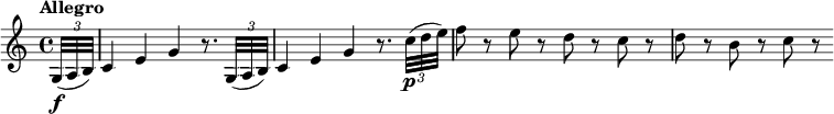 
\relative c' {
  \override Score.NonMusicalPaperColumn #'line-break-permission = ##f
  \tempo "Allegro"
  \partial 16 \times 2/3 { g32(\f a b) } |
  c4 e g r8. \times 2/3 { g,32( a b) } |
  c4 e g r8. \times 2/3 { c32\p( d e) } |
  f8 r e r d r c r |
  d8 r b r c r
}
