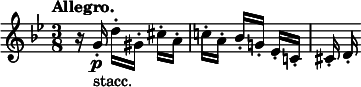 
  \relative c'' { \clef treble \key g \minor \time 3/8 \tempo "Allegro." r16 g-.]\p_"stacc." d'-.[ gis,-.] cis-.[ a-.] | c!-.[ a-.] bes-.[ g!-.] es-.[ c!-.] | cis-. d-. }
